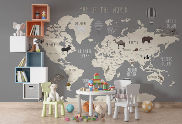 World Map Kids Self adhesive wallpaper Peel and Stick wallpaper in Australia - Luzen&Co