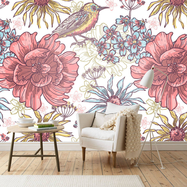 Big Flowers and Birds Self adhesive wallpaper