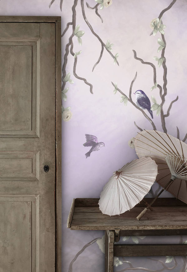 Purple Tones Birds On Apricot Tree Wallpaper