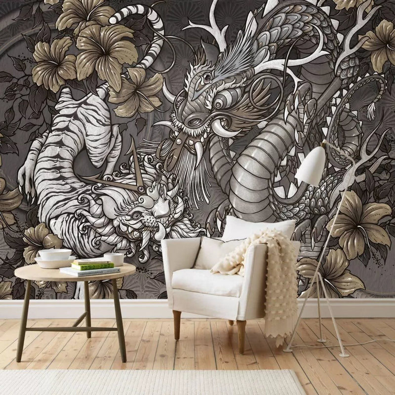 Grey Tones Dragon Designed Self Adhesive Wallpaper - Luzenandco