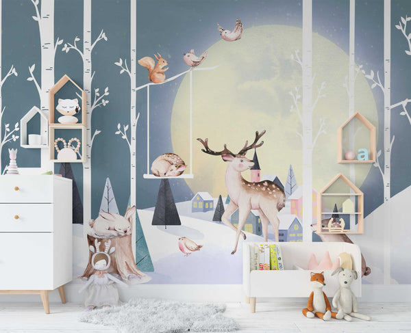 Cute Animals in the Moonlight Wallpaper, Wall sticker, Wall poster, Wall Decal - Luzen&co