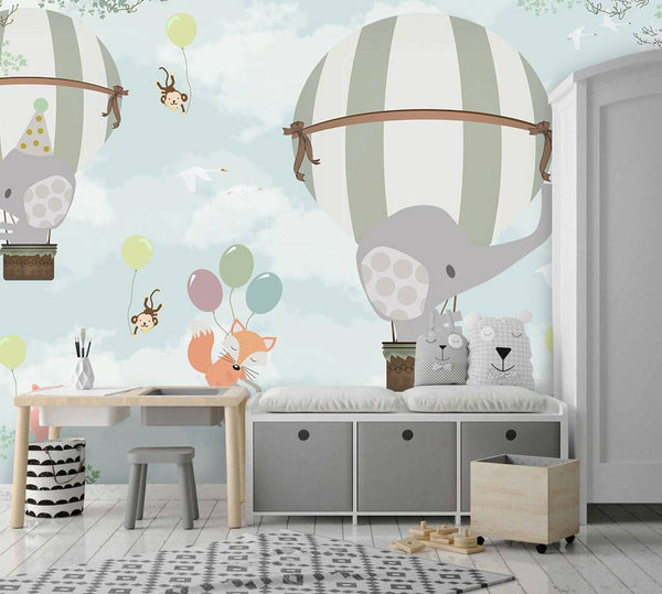 Elephants With Hot Air Balloons Kids Wallpaper