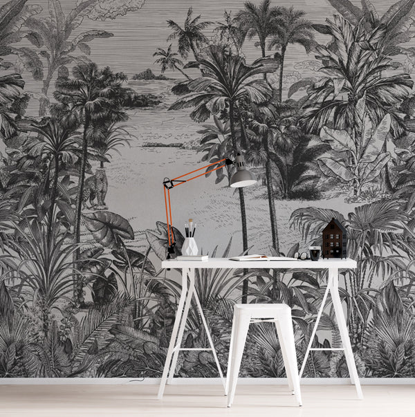 Black and White Tropical Forest and Sea Self Adhesive wallpaper